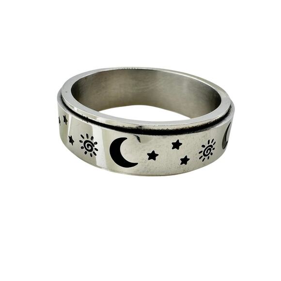 Sun Moon Stars Men’s Spinner Fidget Anxiety Relief ADHD Silver Tone Size 14 Ring - Picture 2 of 4
